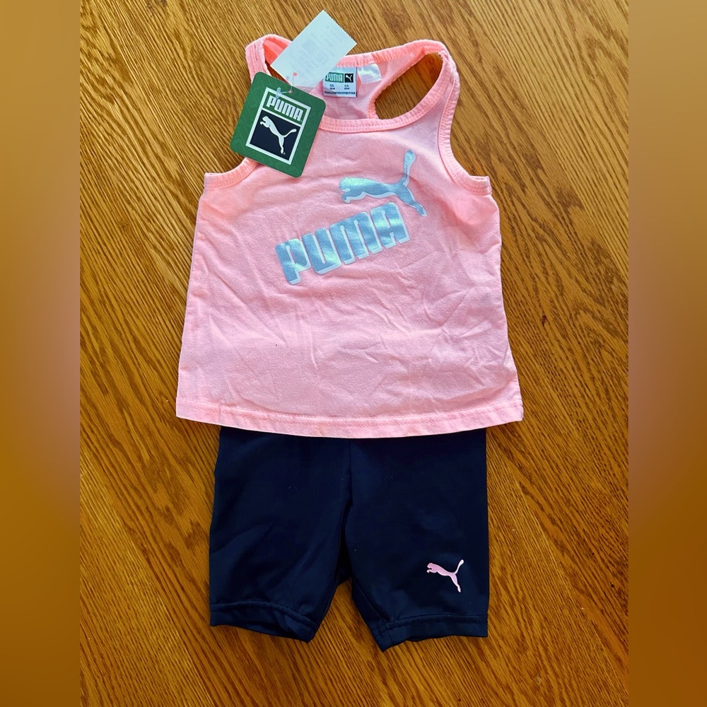 NWT Sz 18m Puma Neon Orange/Silver/Black Racerback Tank & bike Shorts Summer Set